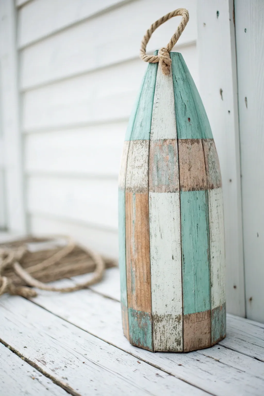 Sun-faded painted buoy with wood grain peeking through for a rustic, minimalist coastal look.