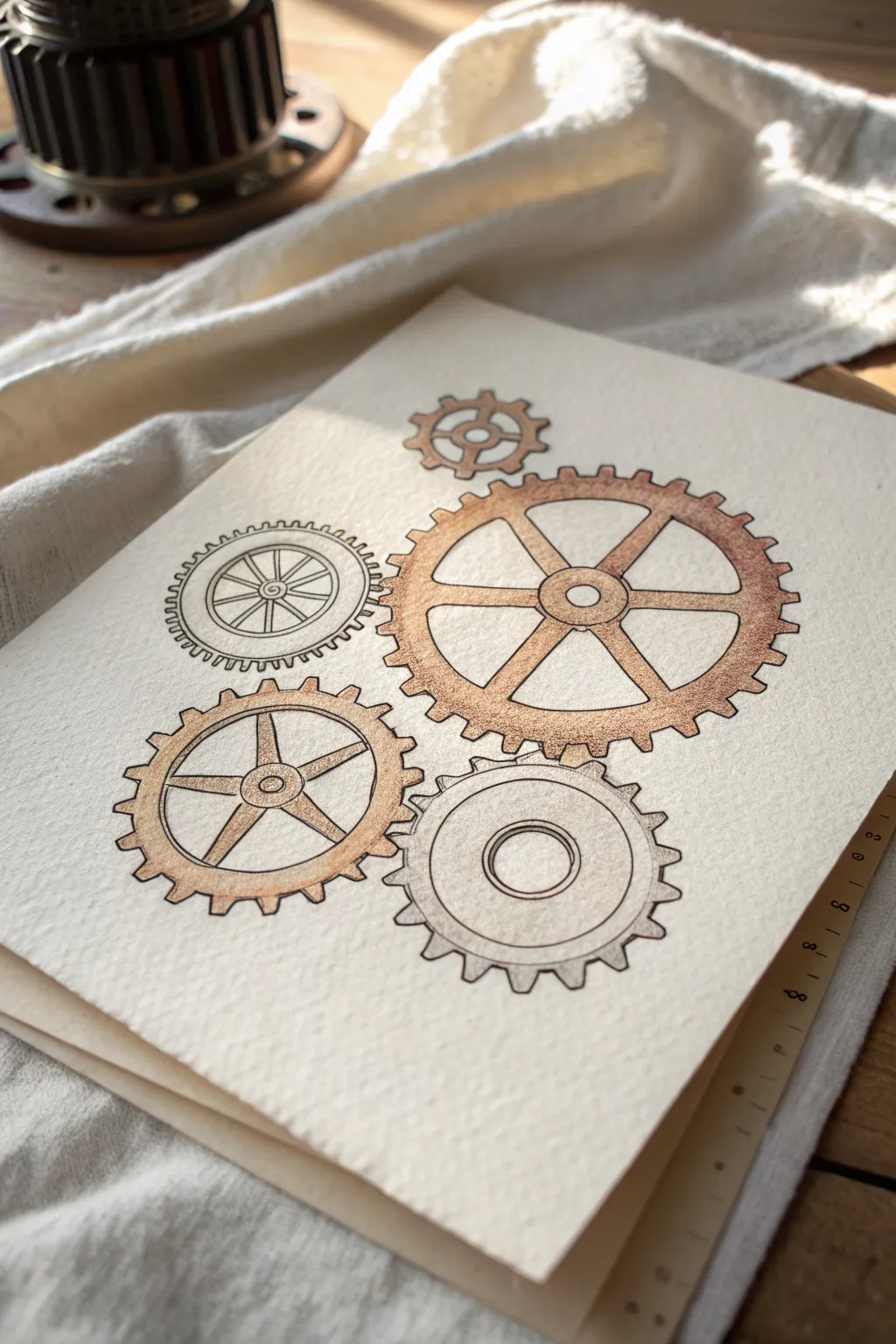 Clean interlocking gears with one highlighted cog, a minimalist sketch for operations ideas.