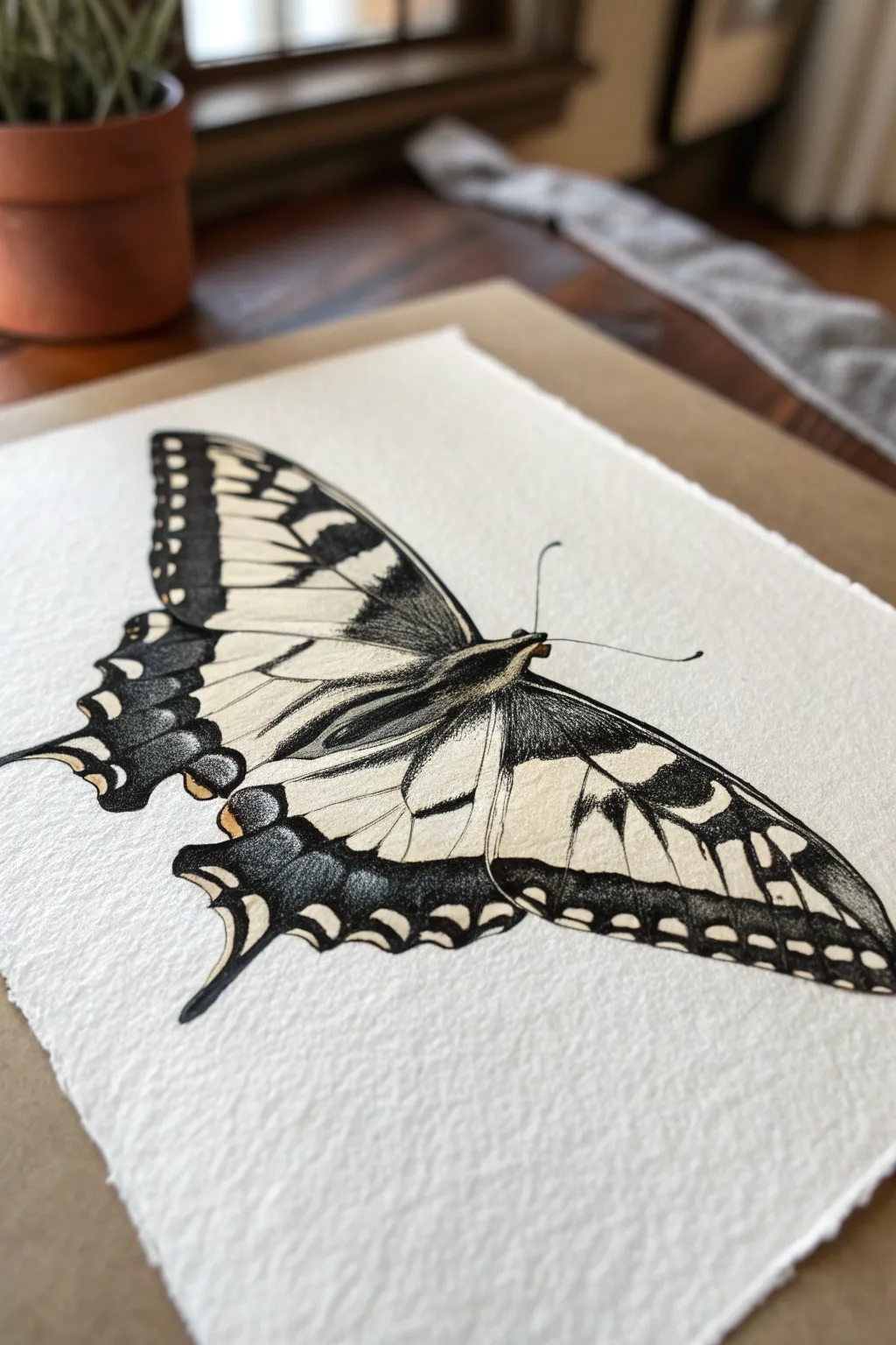 Swallowtail sketch with long tails and bold edges, minimalist contrast on clean paper