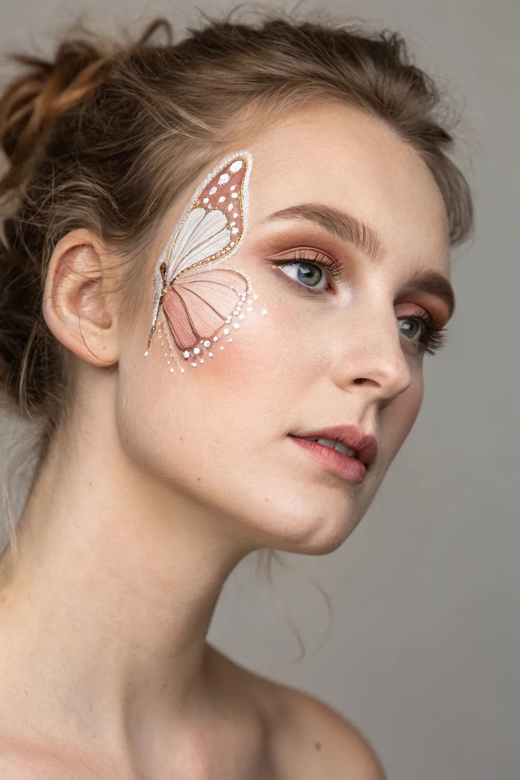 Half-face butterfly sweep for an elegant, asymmetrical look with minimalist Scandinavian calm