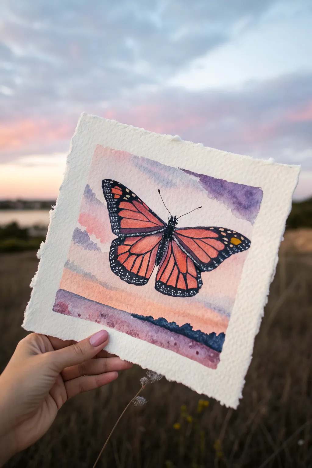 Minimal watercolor butterfly in flight over a soft pink-to-purple gradient sky, serene and modern.