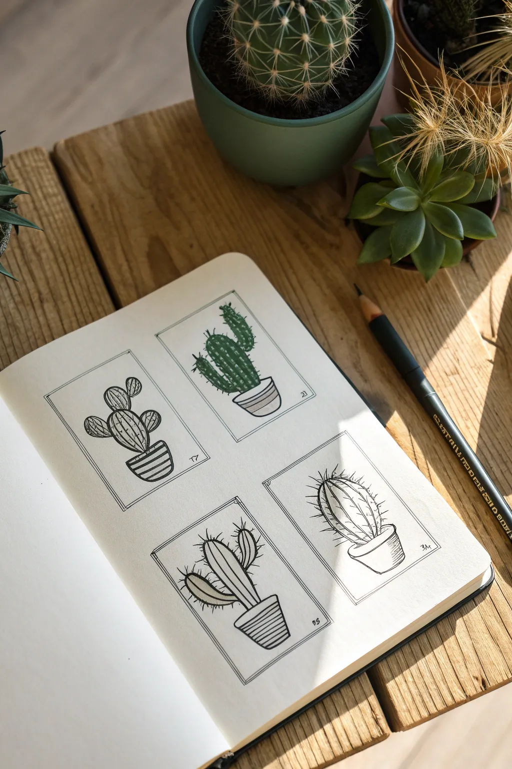 One cactus in four styles: outline, hatching, stippling, and a simple soft color fill