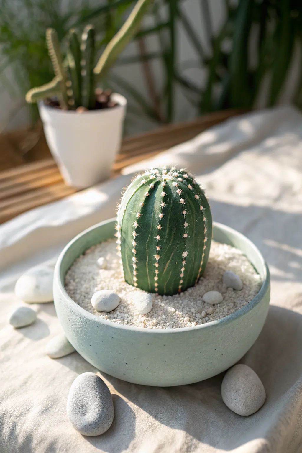 Bright white sand soil makes this cactus rock pop for a clean desert-inspired look