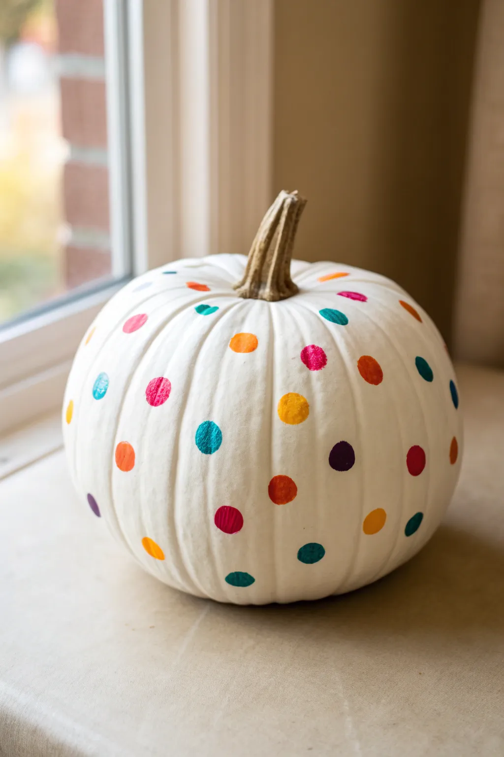 Polka dot confetti pumpkin on a white base, a minimal boho idea that feels cheerful and easy