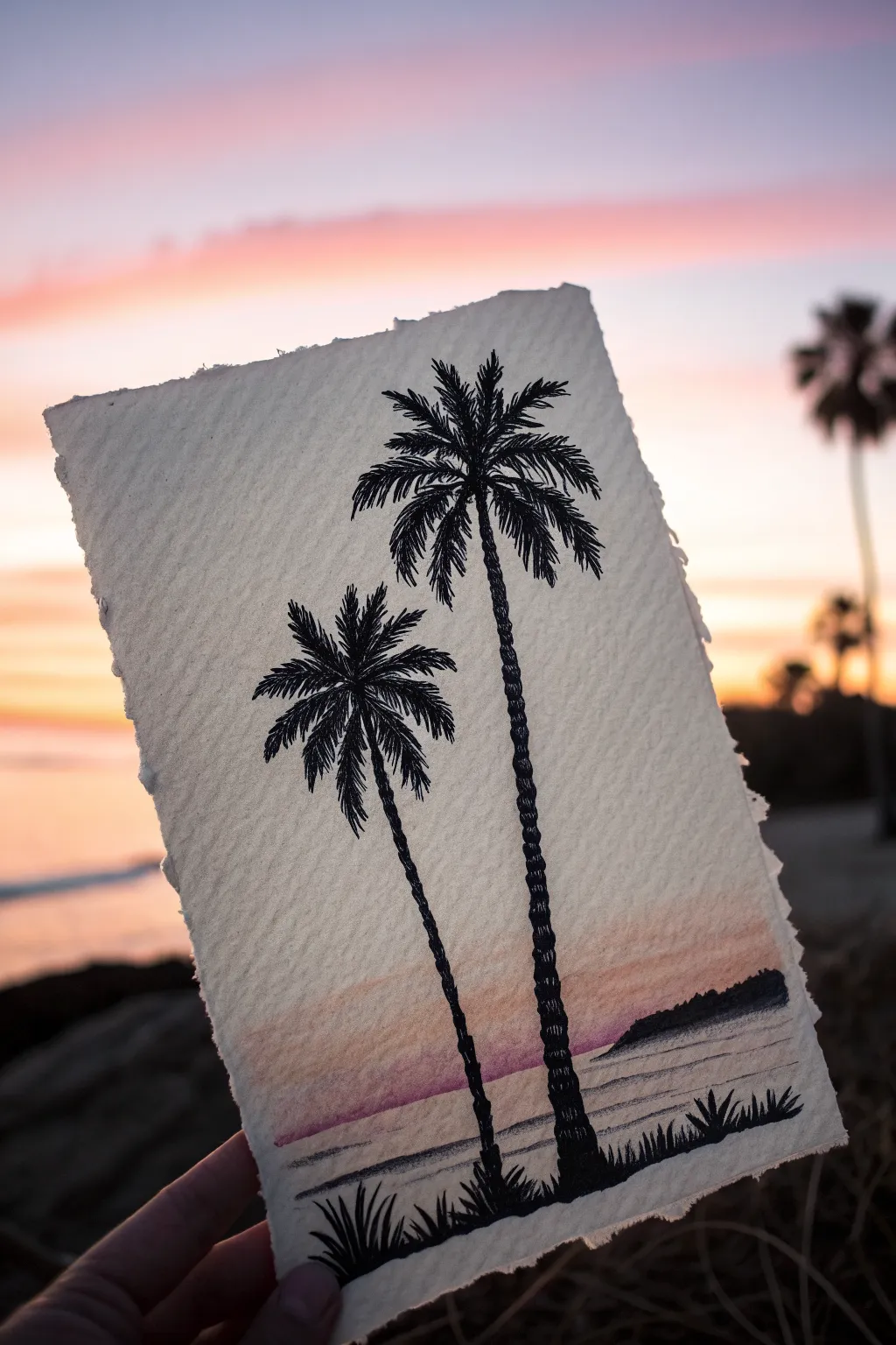 Palm tree silhouettes over a dreamy California sunset gradient, minimalist and easy to draw.