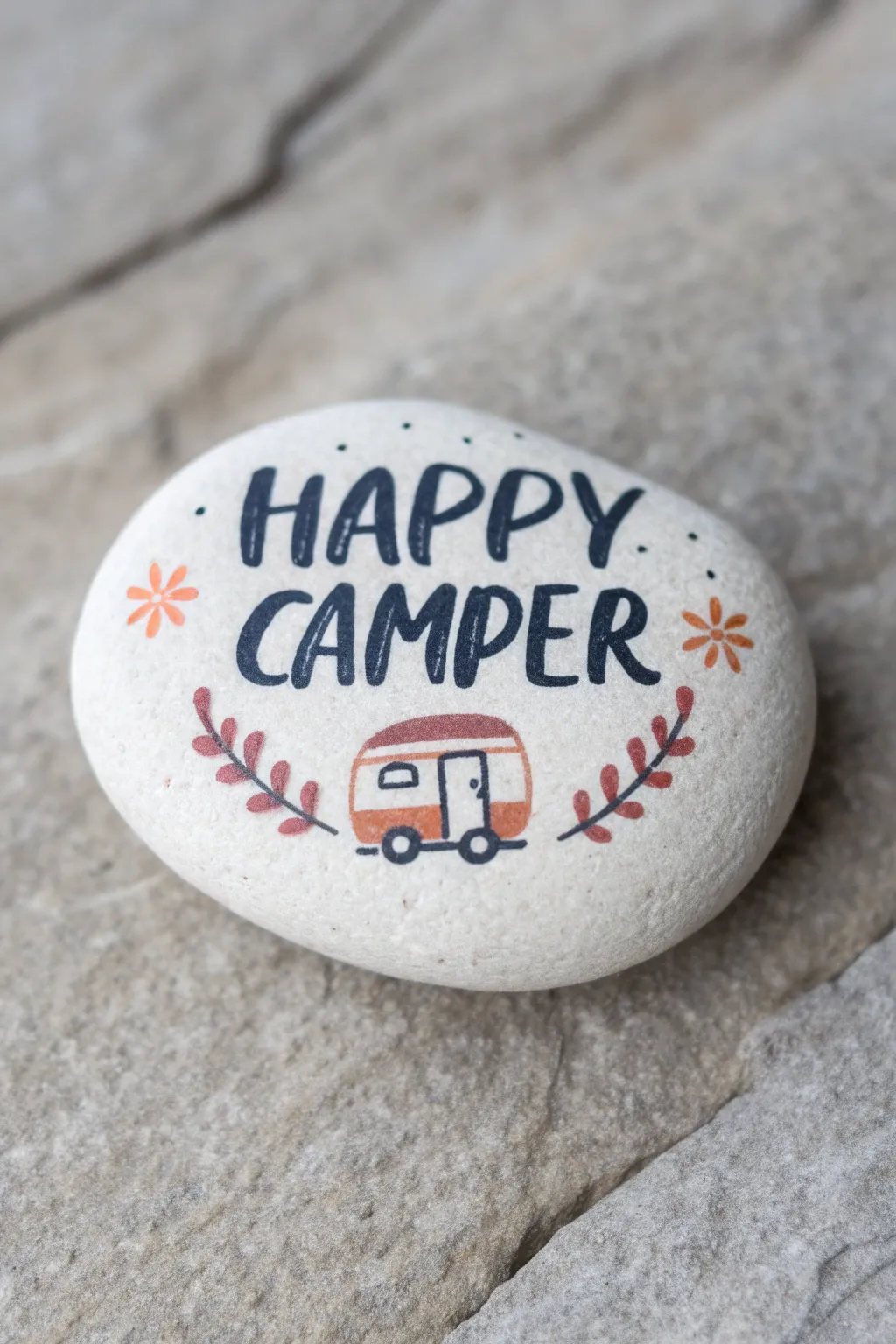 Paint a chic Happy Camper rock with minimalist trailer art for cozy campsite vibes.