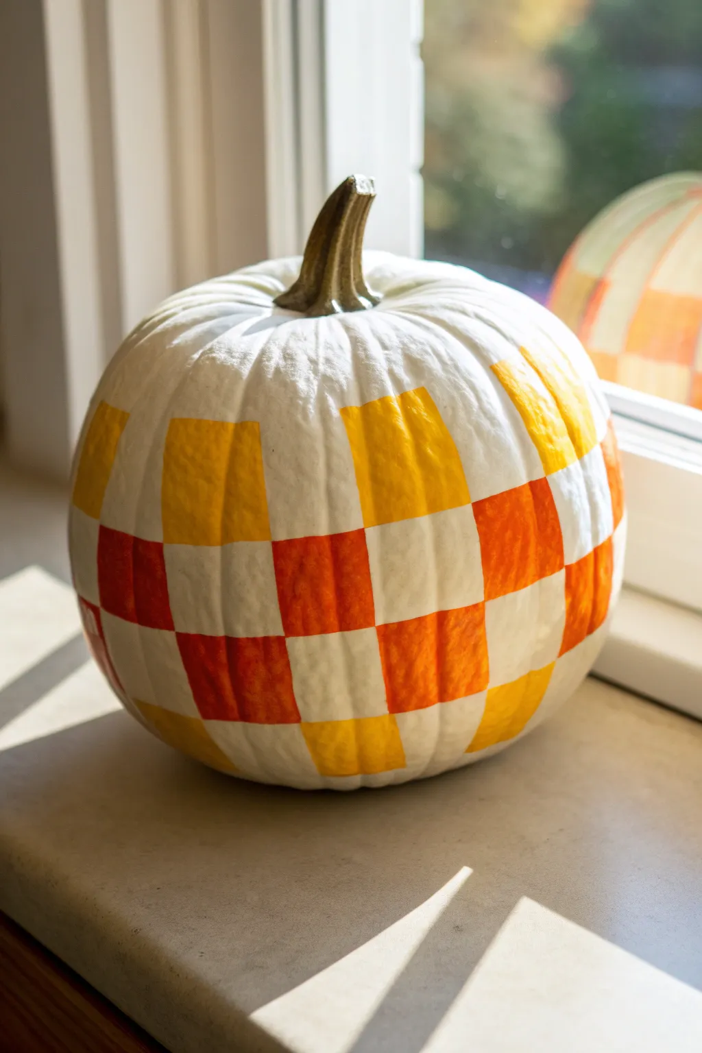 Candy corn meets modern minimalism with bold orange and yellow checkerboard pumpkin blocks.