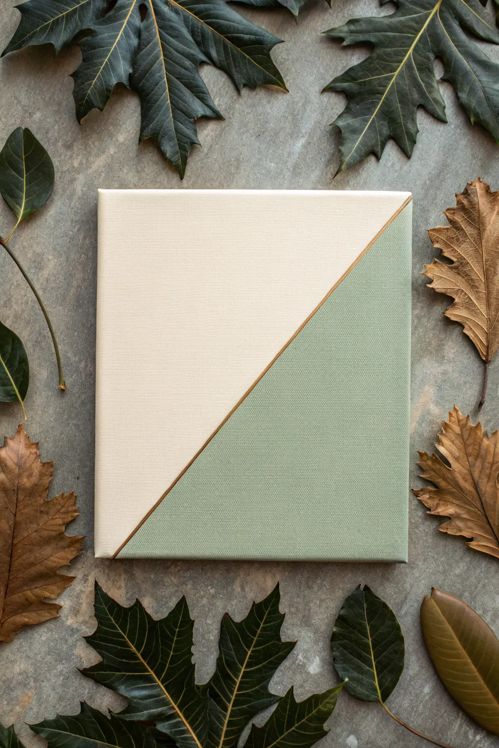 Minimal two-tone canvas board with bold leaf silhouettes and a real leaf reference nearby