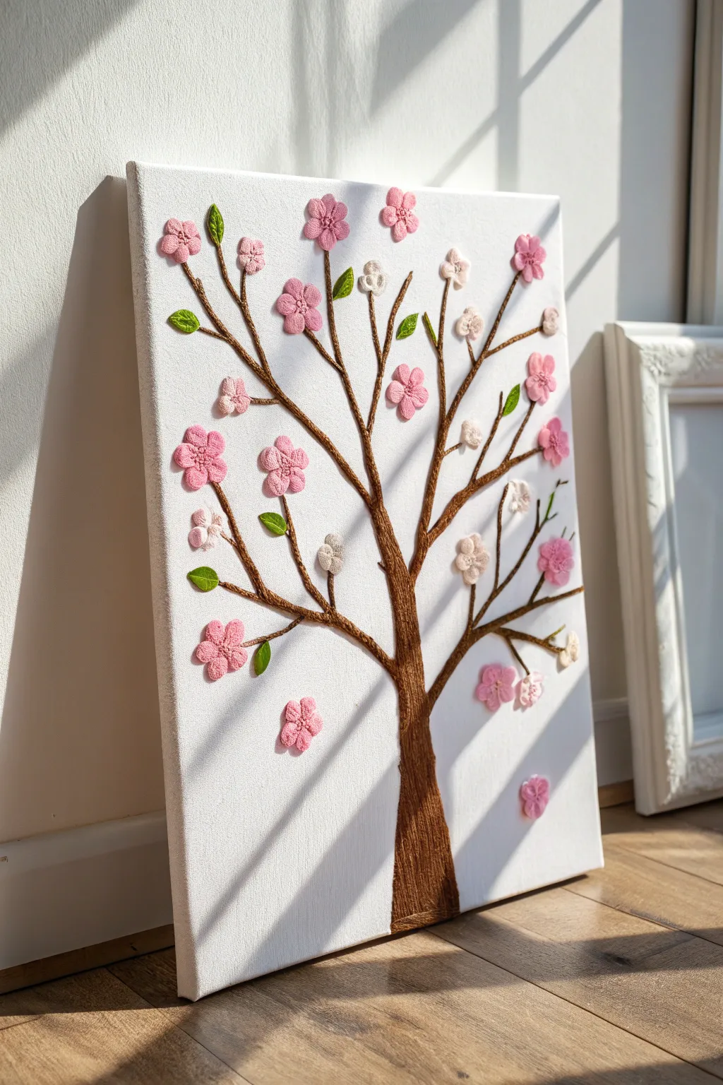 Cotton-ball cherry blossoms on canvas, a sweet spring kids craft with soft minimalist charm