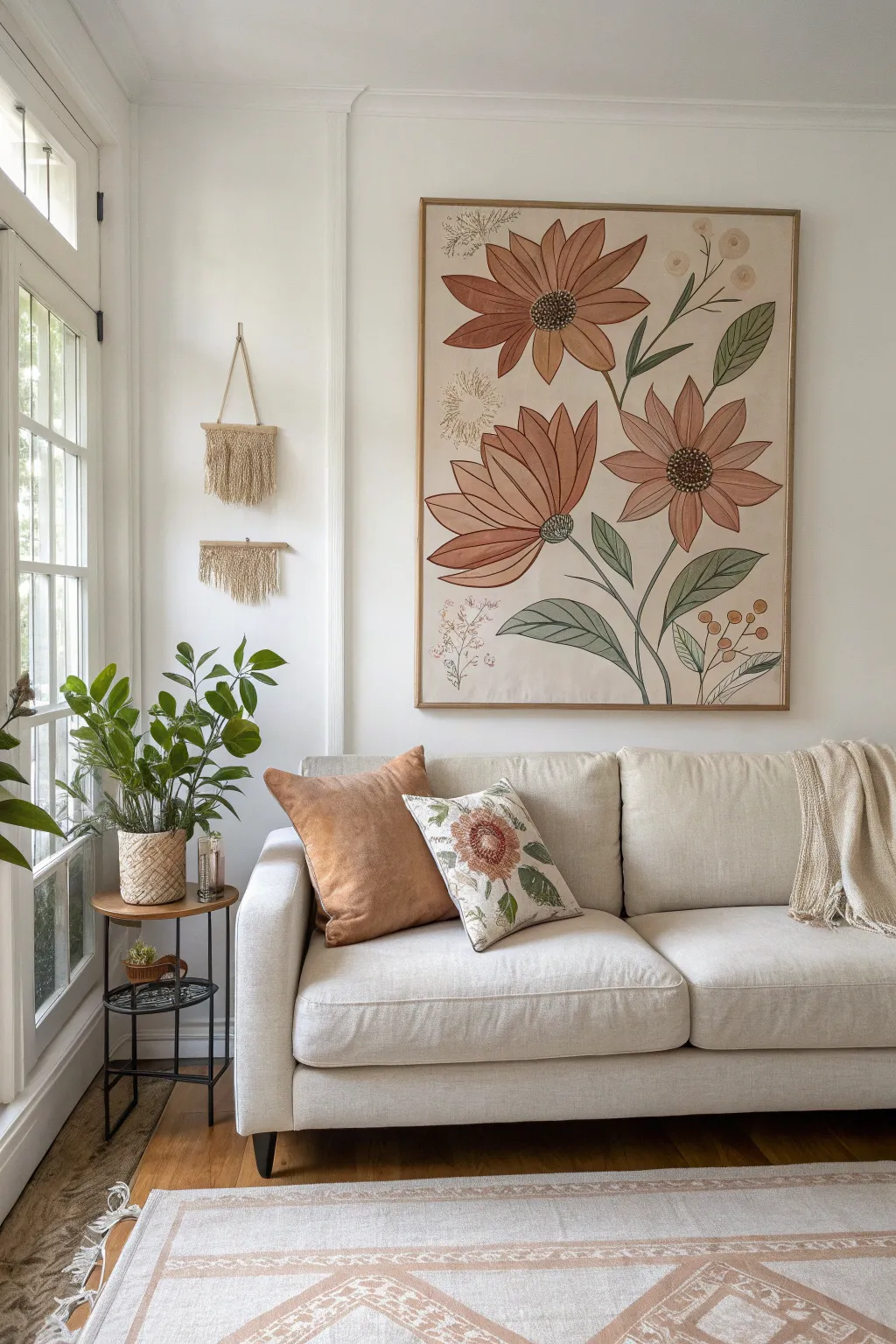 Oversized limited-palette florals above a neutral sofa for a cozy, color-coordinated living room