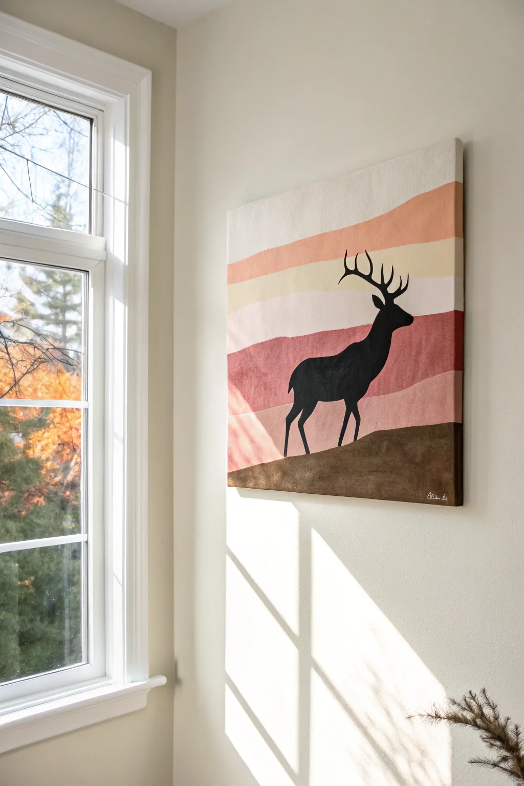 Easy party-ready canvas: bold black deer silhouette on a soft sunset blend background.
