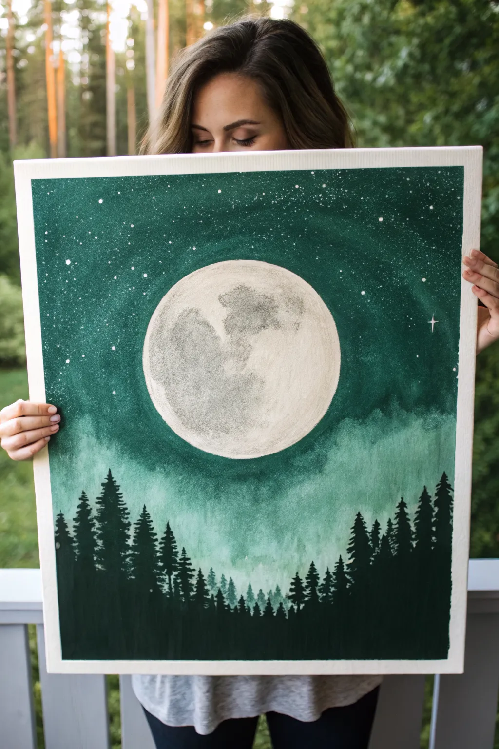 Full moon on a deep green wash with a minimal treeline silhouette, calm Scandinavian boho mood