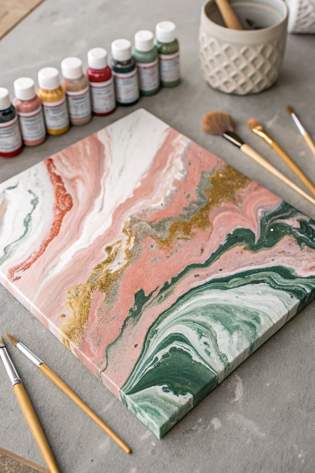 Glossy acrylic paint-pour canvas with bold cells and marbled flow, drying flat on linen.