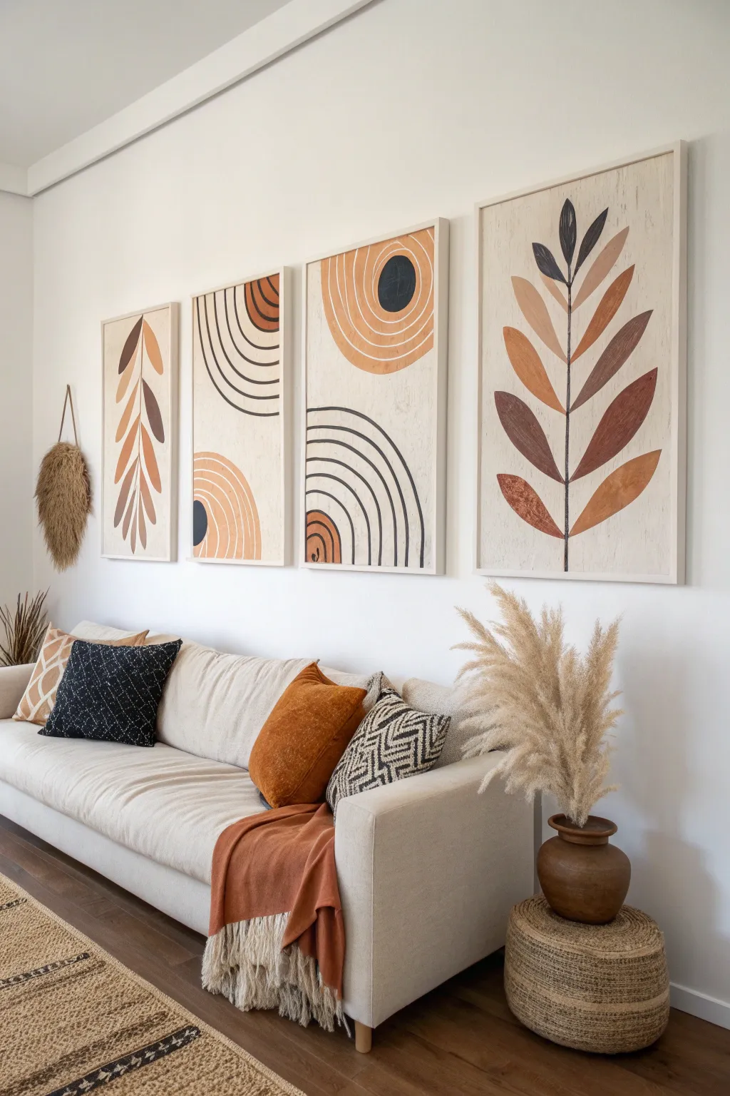 Elegant triptych canvas set for long walls, perfectly spaced for a clean DIY gallery look