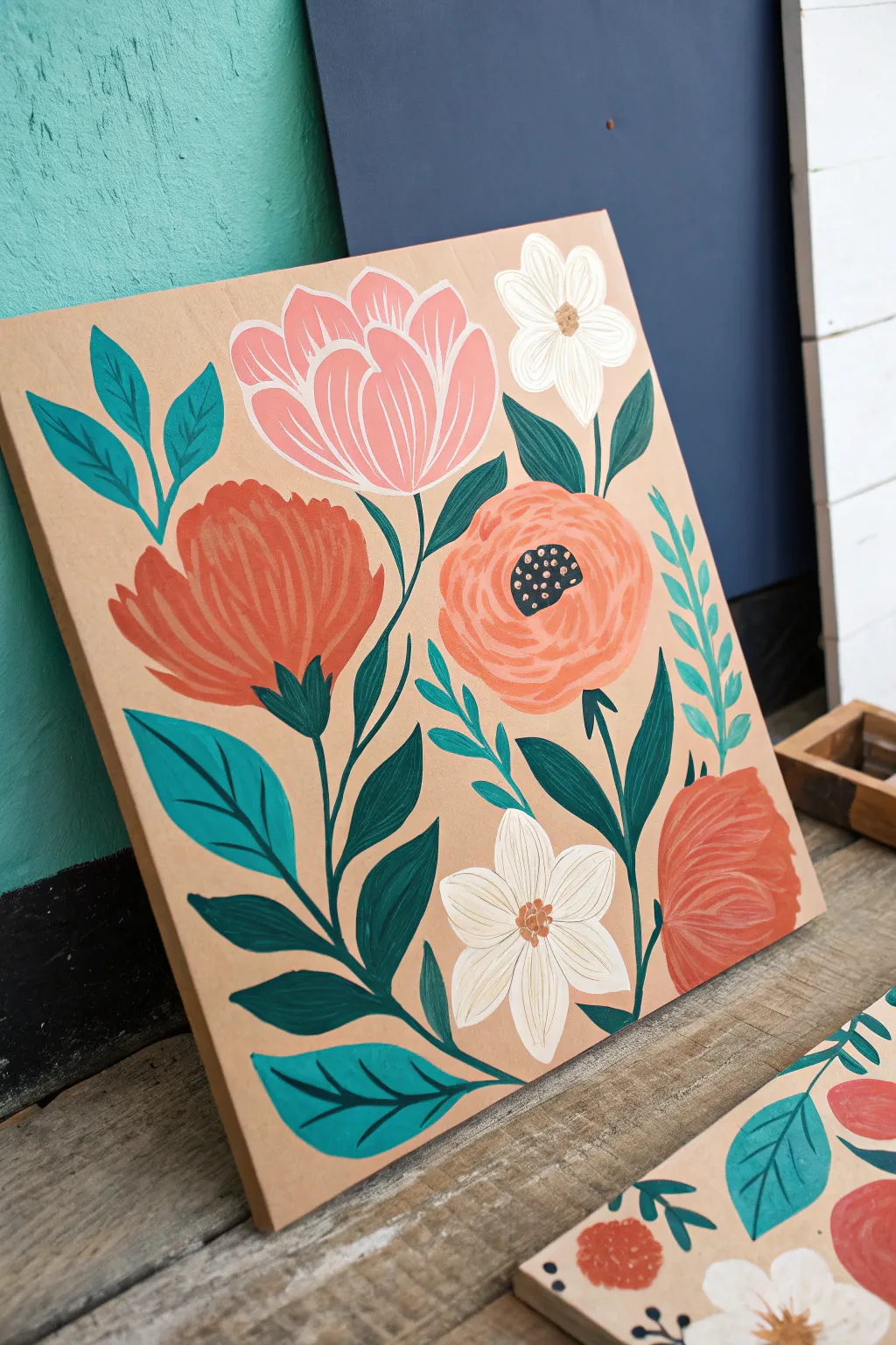 Bold gouache florals on brown cardboard, clean Scandinavian shapes with a soft boho vibe
