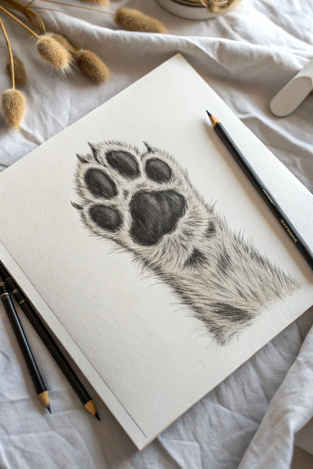 Capture delicate details and textures with this adorable cat paw and toe bean drawing study.
