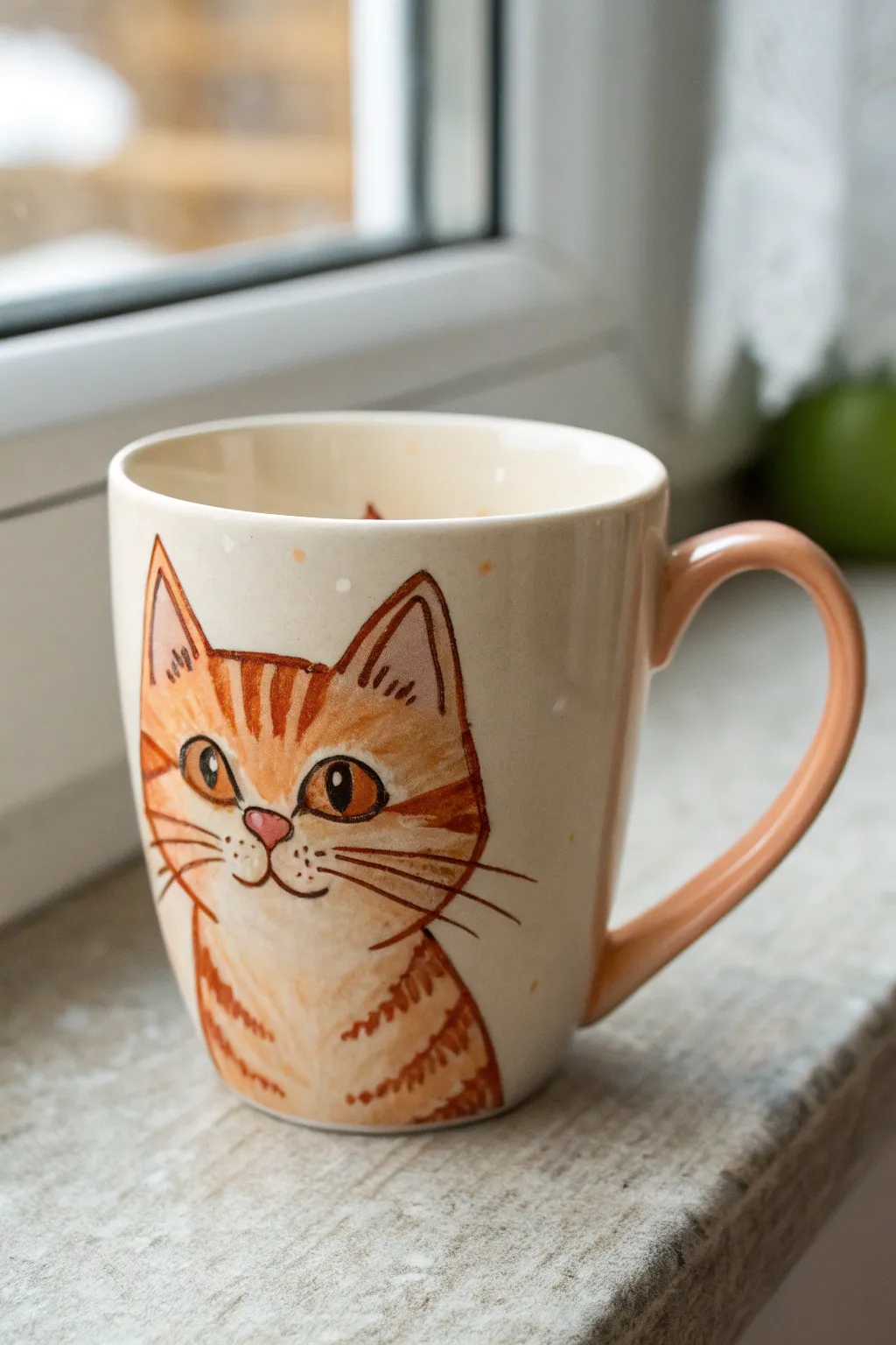 Easy tabby stripes on a cozy hand-painted mug, minimal lines and warm boho tones