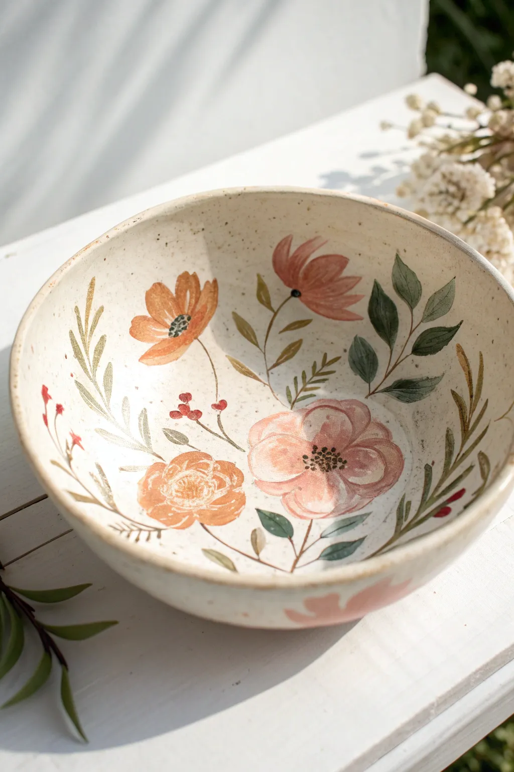 Minimalist bowl with loose center florals, beginner-friendly ceramic painting inspiration.