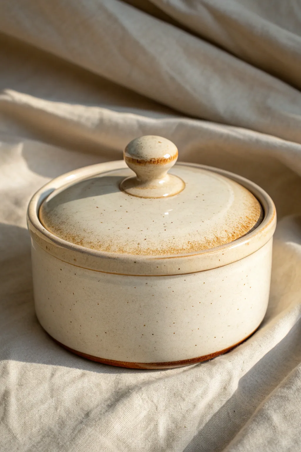 Glossy ceramic box with a centered dome knob, minimalist shape, and luminous light-catching glaze