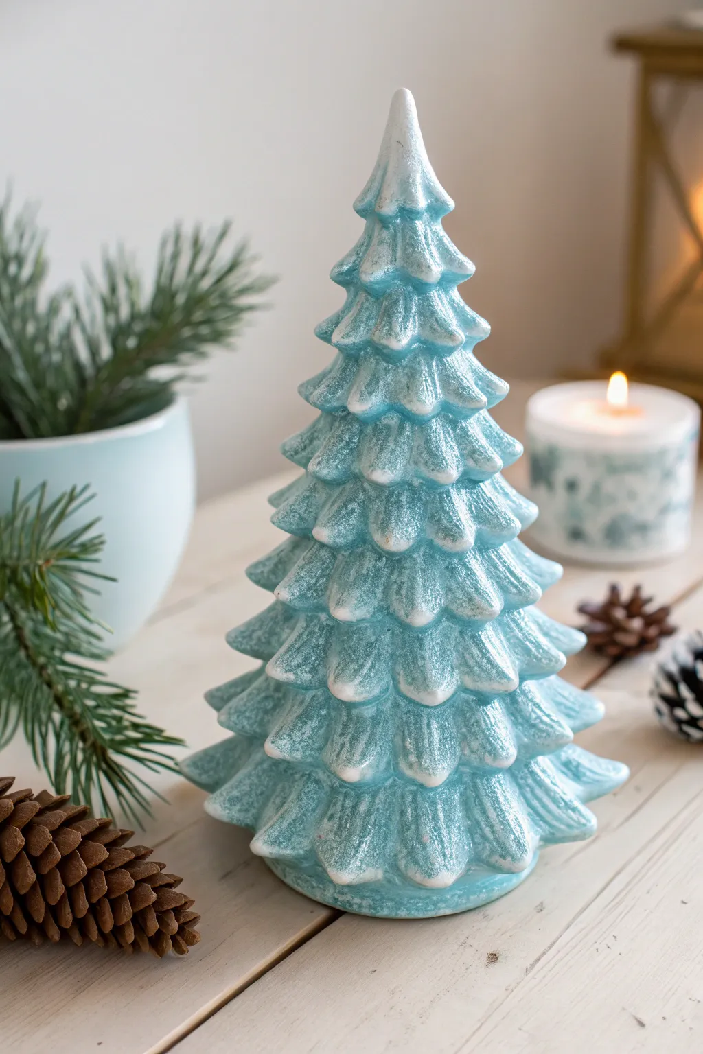 Icy blue ceramic tree with delicate dry-brushed frost, highlighting every textured tip