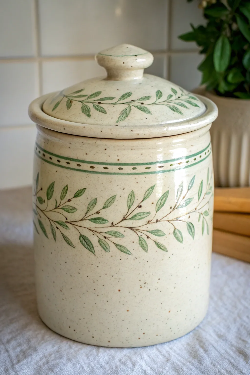 Handmade ceramic cookie jar with a sage botanical garland rim and matching sprig lid detail