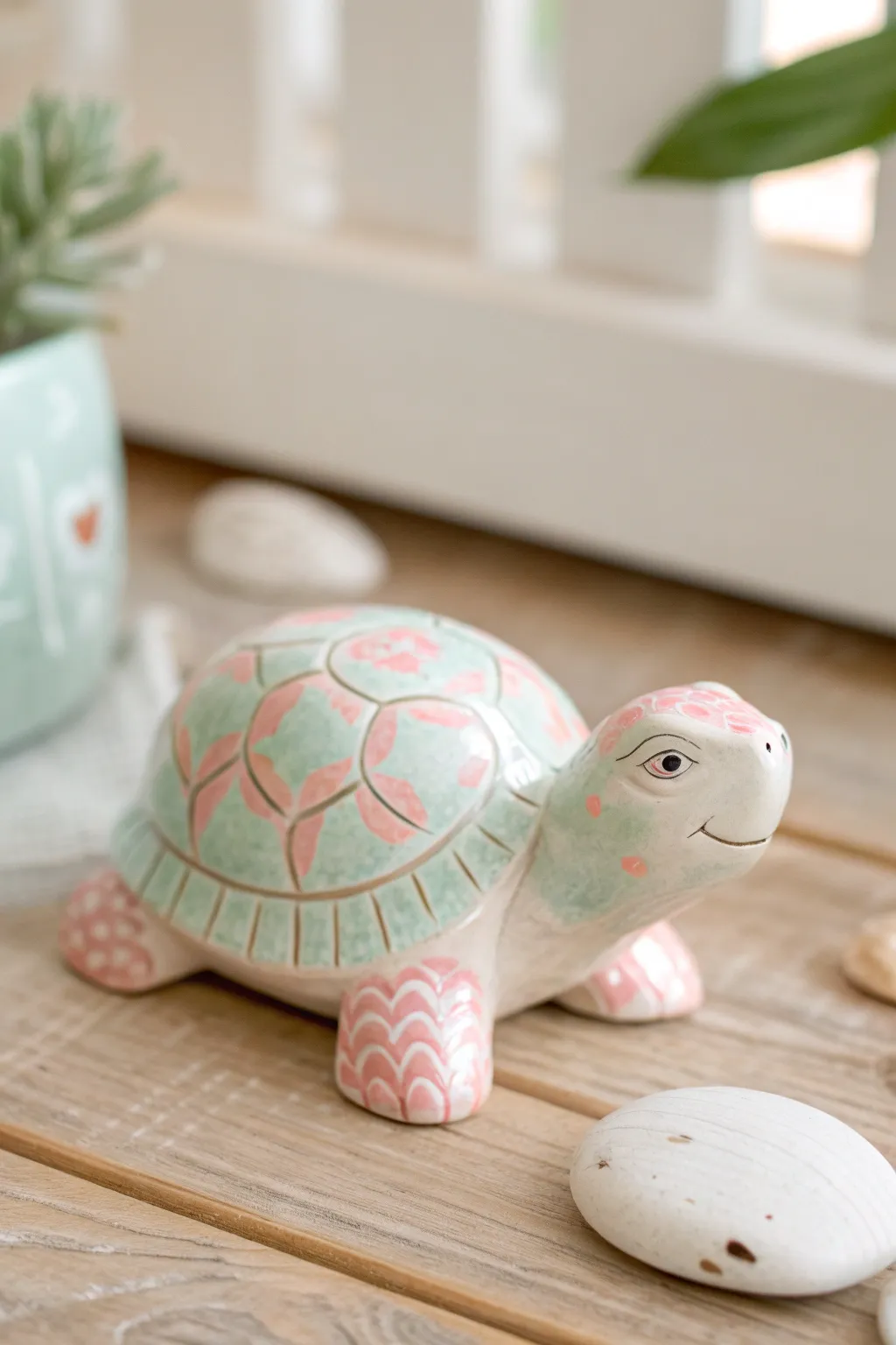 Soft pastel ceramic turtle in mint and blush, perfect calm nursery decor inspiration