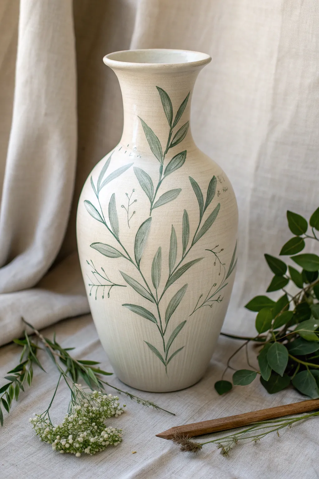 Simple leafy stems wrap around a matte ceramic vase for an elegant minimalist botanical look.