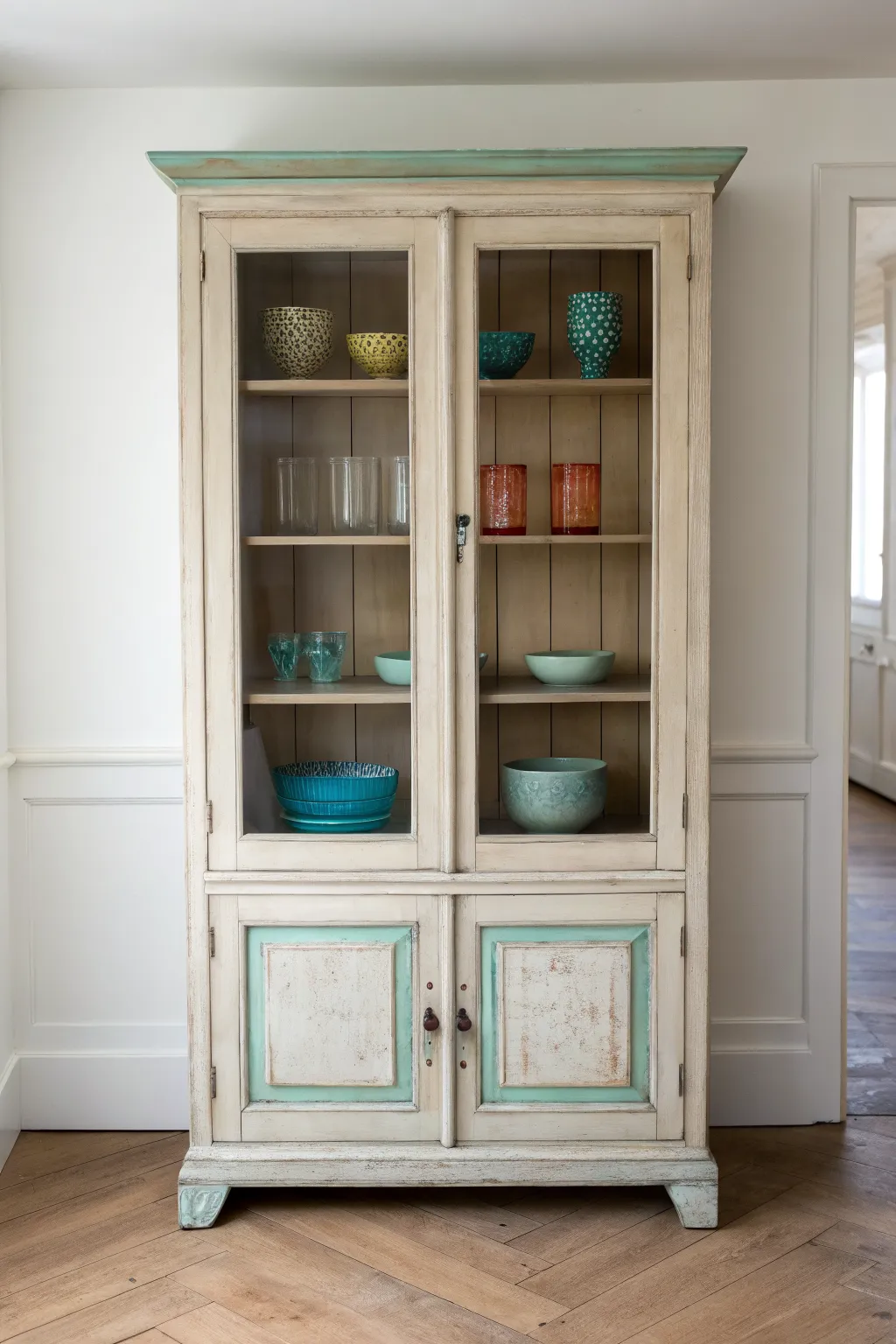 Two tone chalk painted china cabinet with neutral outside and colorful inside surprise