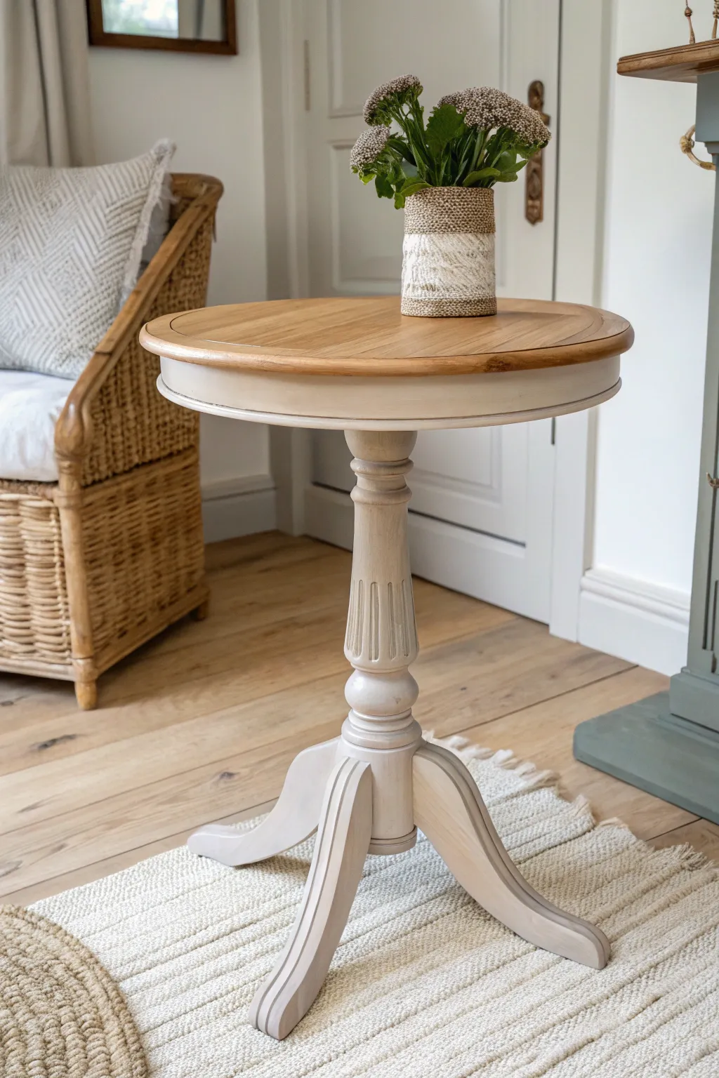 Matte chalk-painted base meets warm wood grain top for a clean Scandinavian contrast