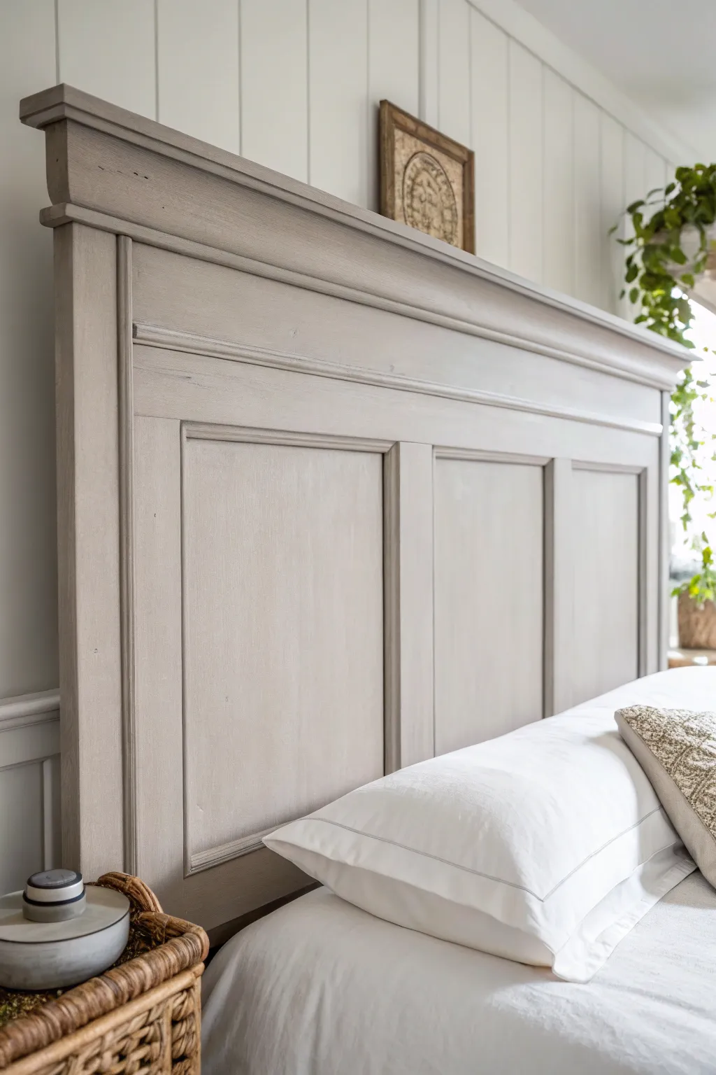 Clean matte chalk-painted headboard sealed with clear wax for a soft Scandinavian finish
