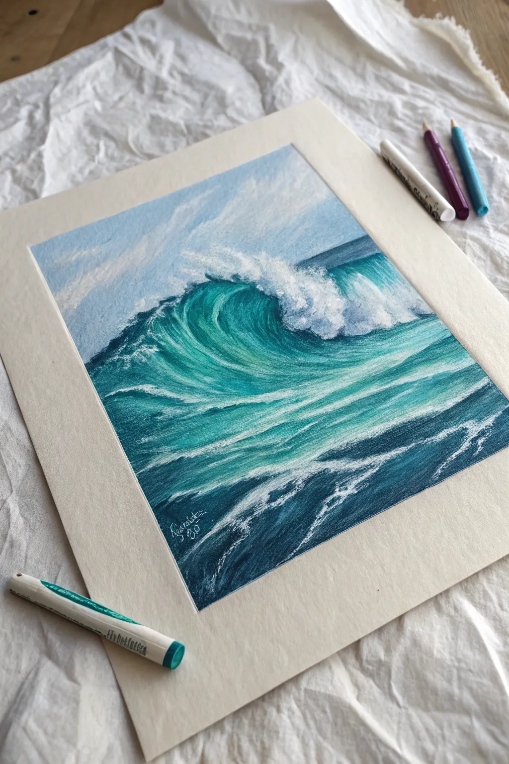 Chalk pastel ocean waves with foamy highlights and a glowing light path, calm minimalist mood