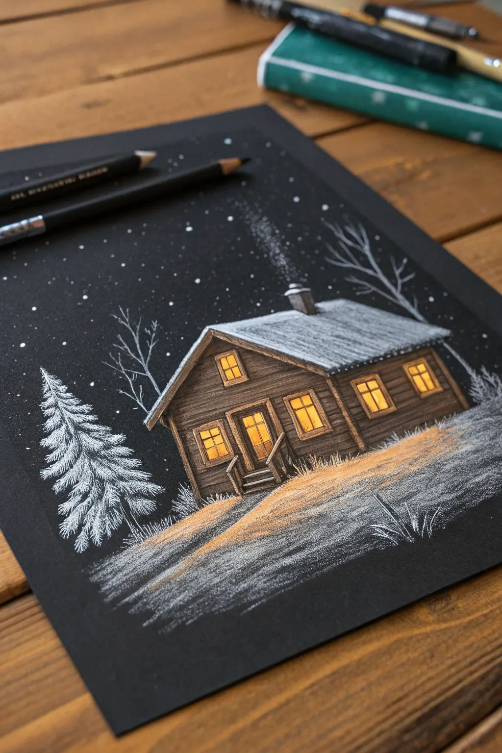 Cozy chalk pastel cabin on black paper with glowing windows and soft snowy halo.