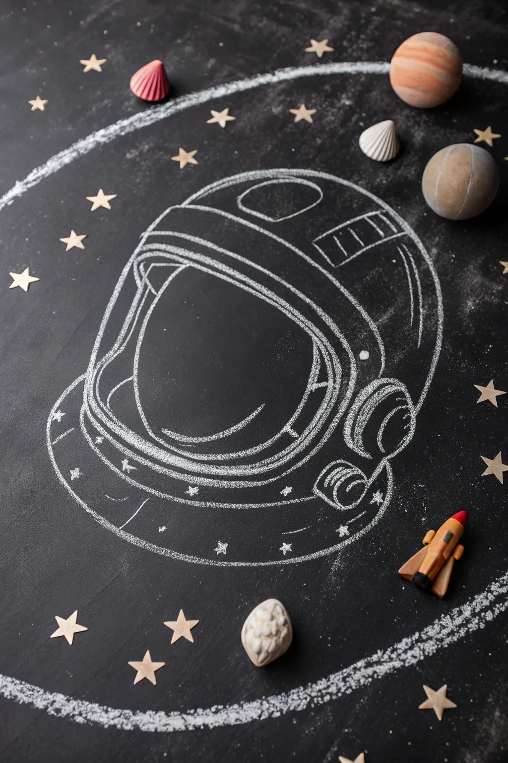 Minimalist chalk space helmet with planets and stars for dreamy zero gravity wall art.