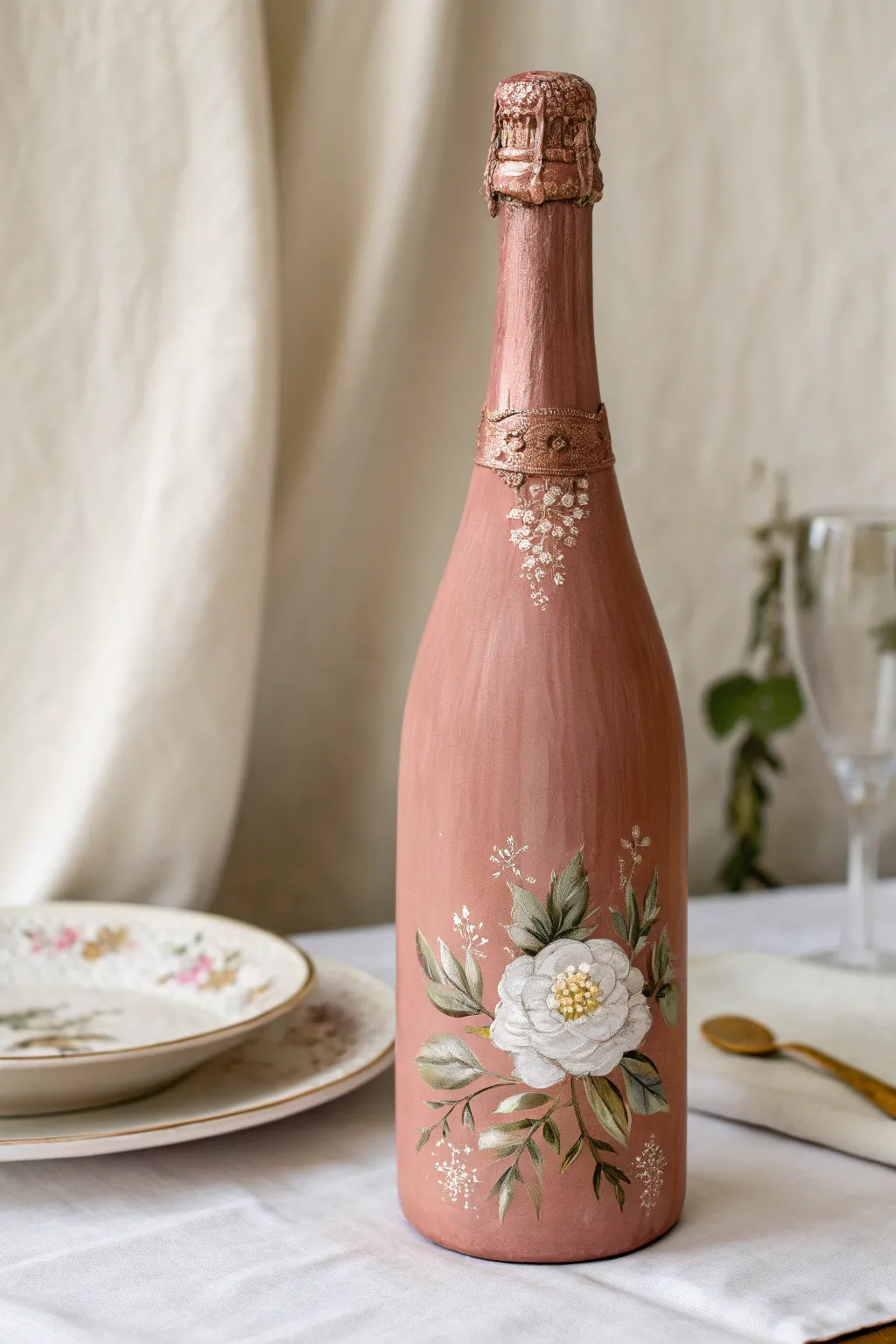Solid-color champagne bottle art with a tiny floral detail for modern minimalist decor