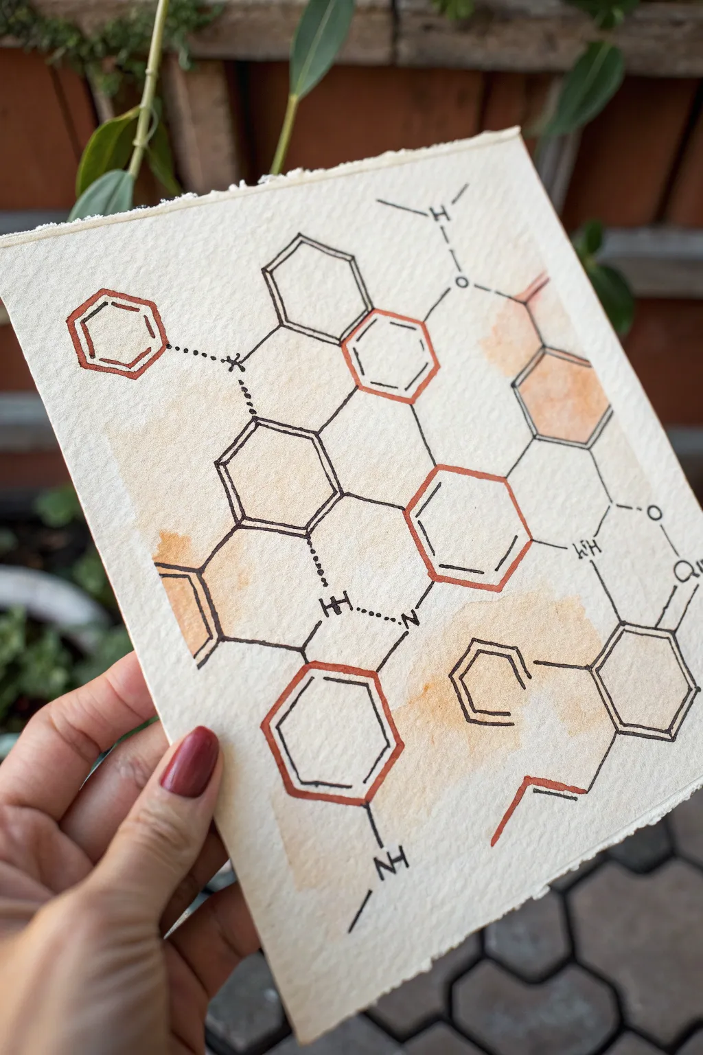 Minimal hexagon chemistry backdrop with one bold central ring, ink lines and soft boho washes.