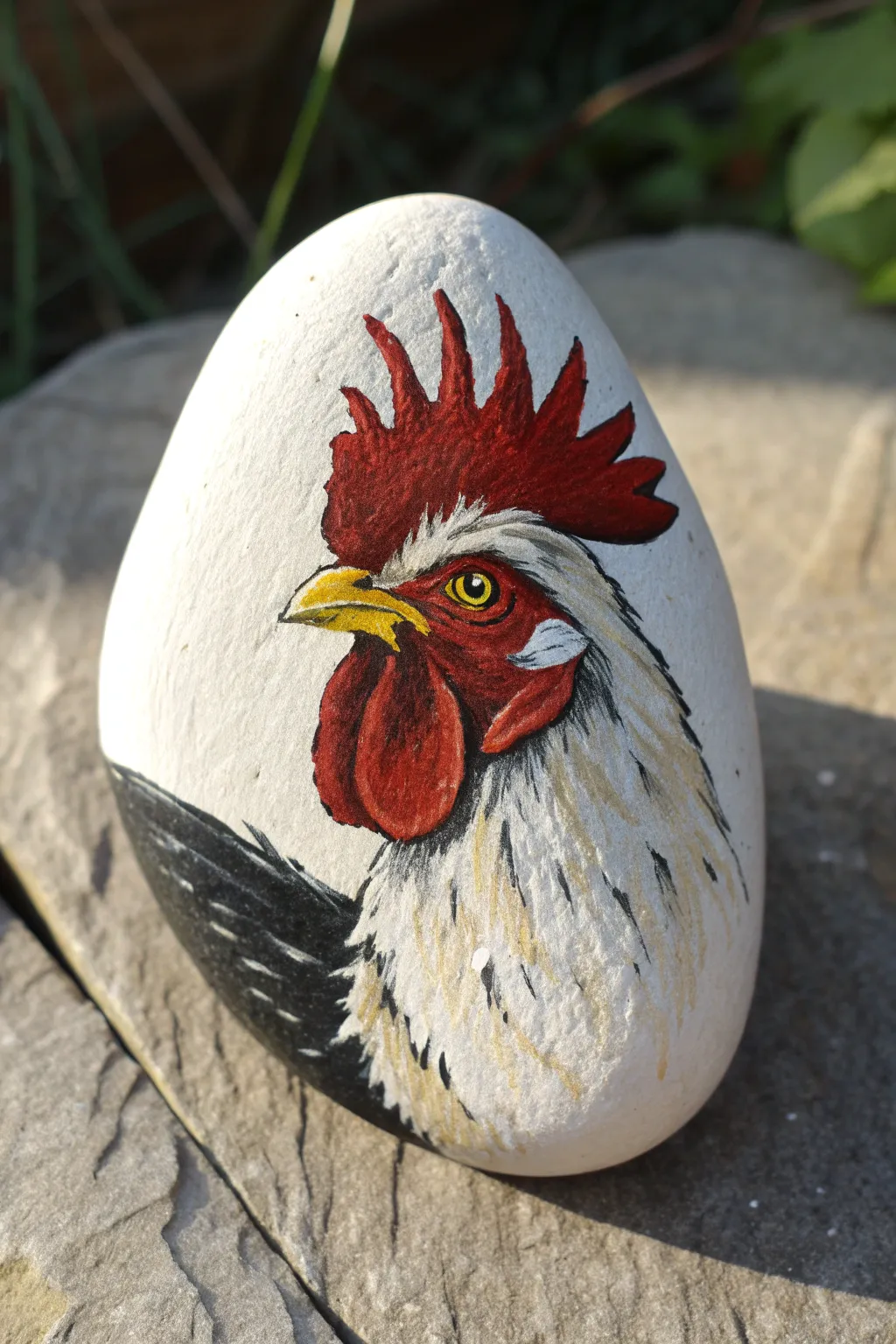Paint a bold rooster rock: crisp shapes, red comb and sunny beak on a clean minimalist backdrop.