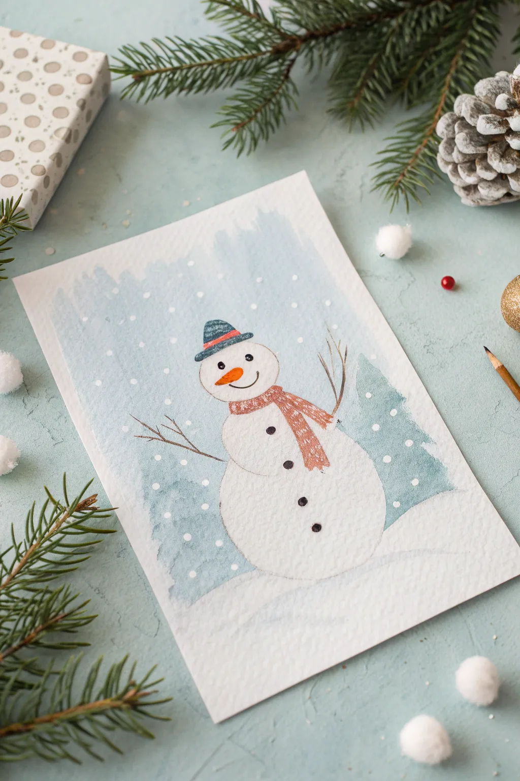 Snowman sponge-stamp painting on icy blue wash, simple scarf and snow dots for kids