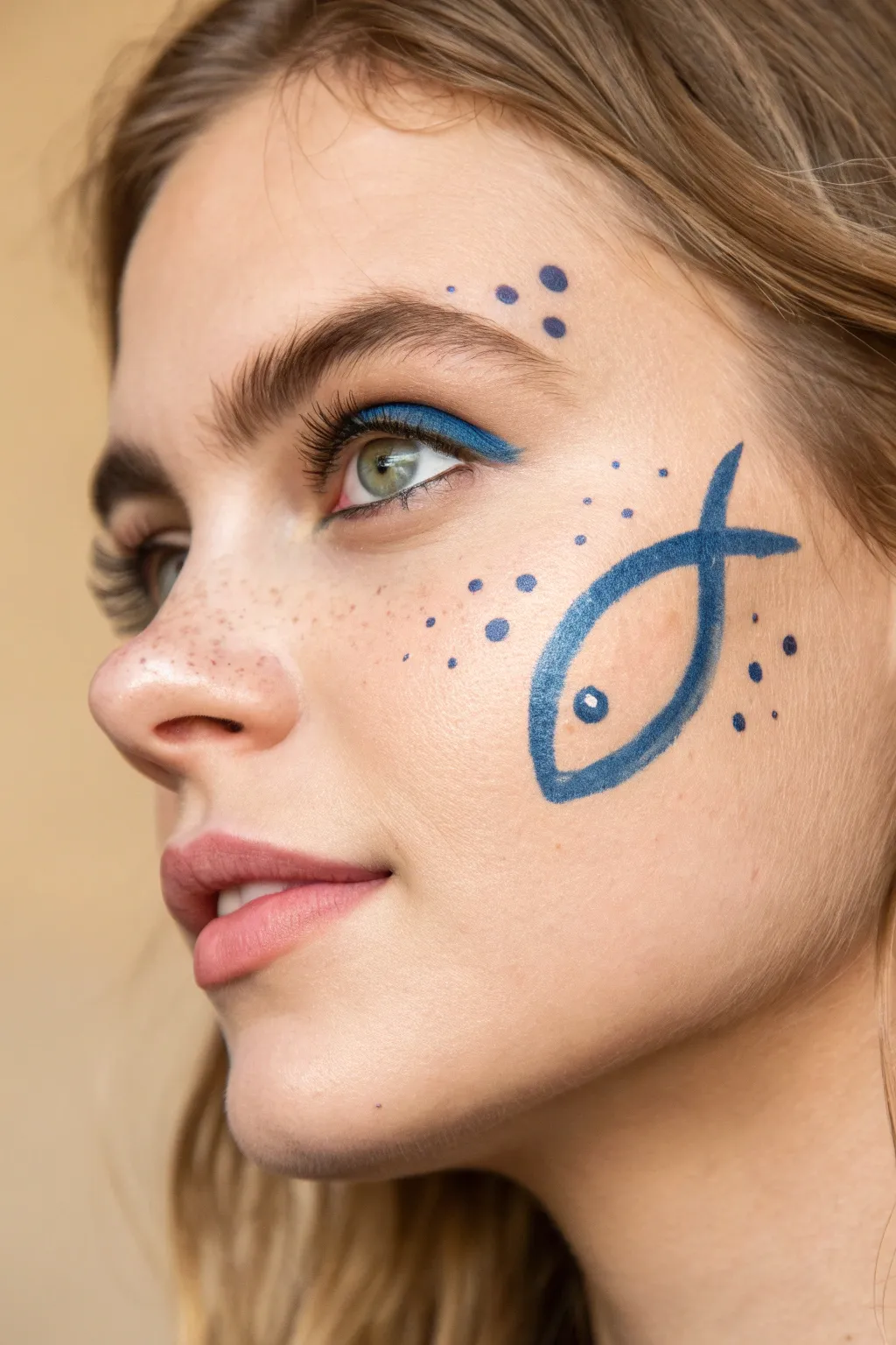 Ocean-blue fish cheek symbol with watery strokes and tiny bubbles for a calm minimalist look