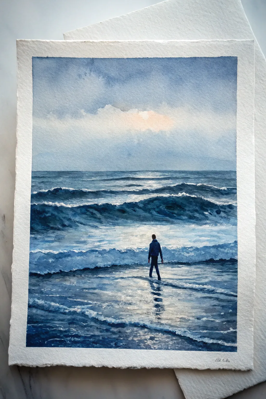 Walking on water in a minimal seascape, a lone silhouette and a glowing path of faith.