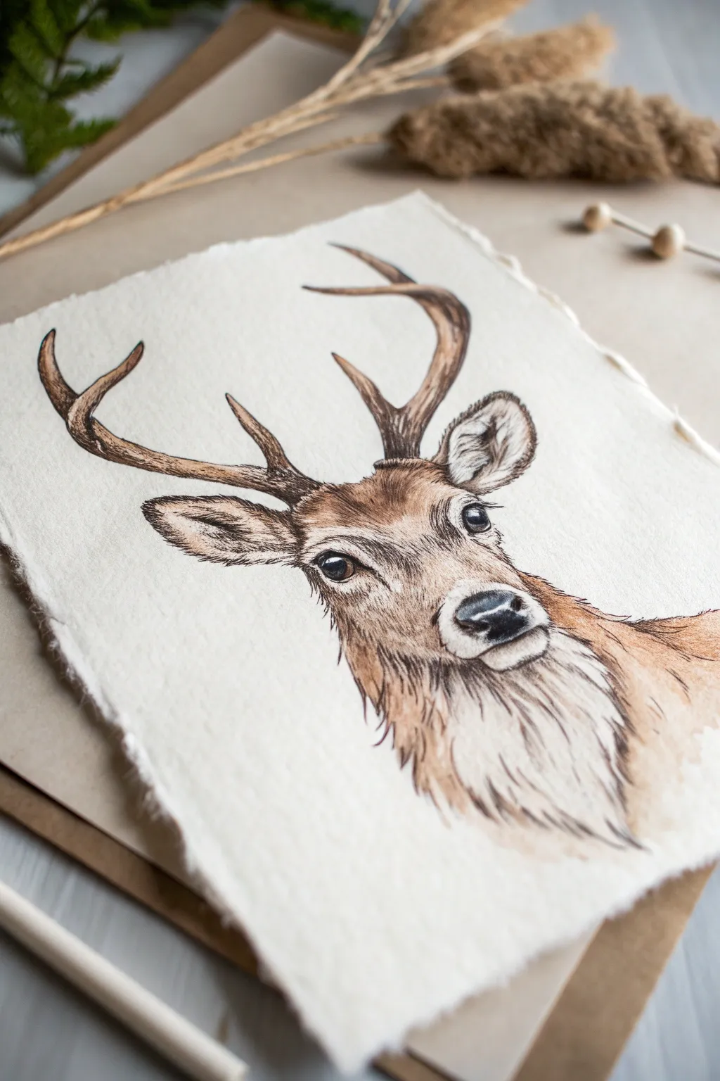 Friendly reindeer portrait for Christmas drawing, minimal lines, soft fur texture, high contrast
