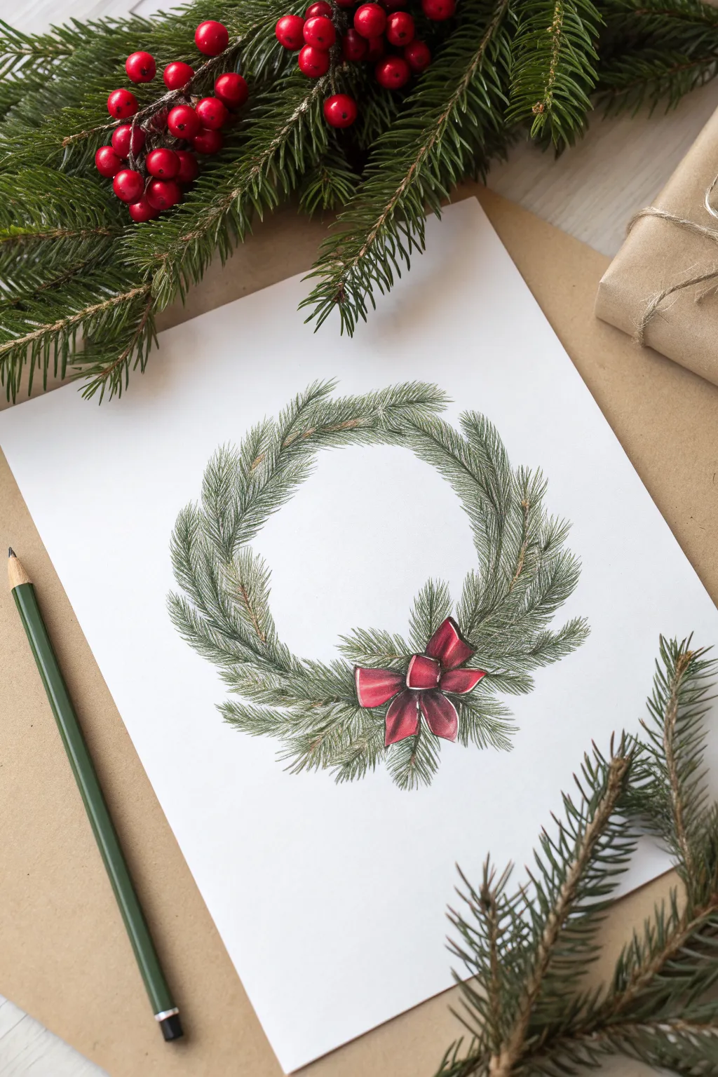 Realistic wreath study: scratchy pine needles and glossy berries for bold holiday contrast.