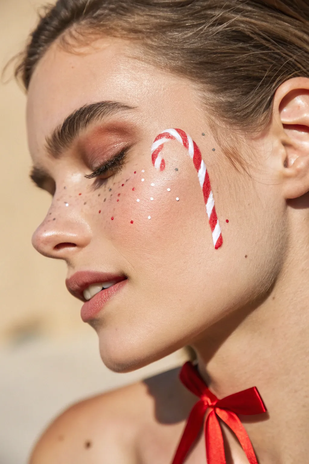 Candy cane cheek swirl with crisp stripes and soft sparkle, a festive minimalist face paint idea.