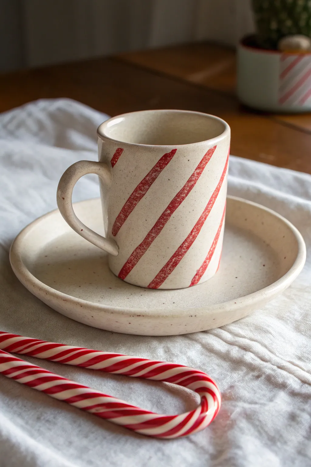 Bold candy cane stripes on a cozy handmade mug, minimal styling for a sweet Christmas mood.