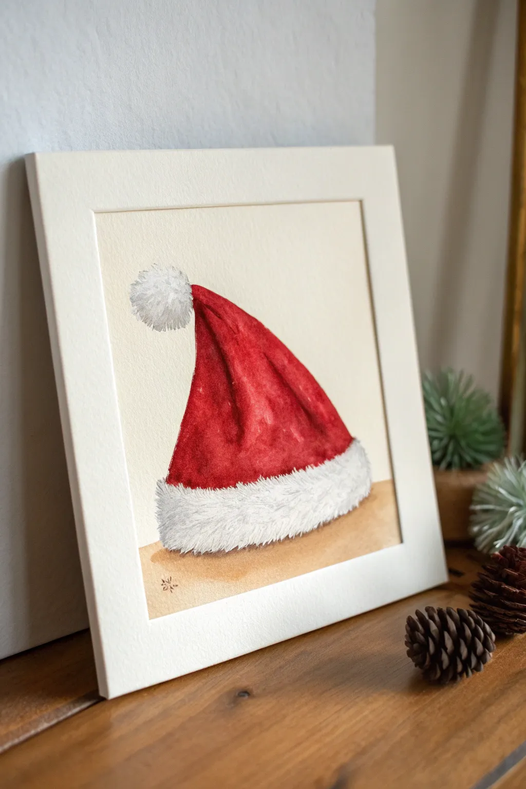 Easy Santa hat painting: bold red, fluffy white trim, clean minimal background for beginners.