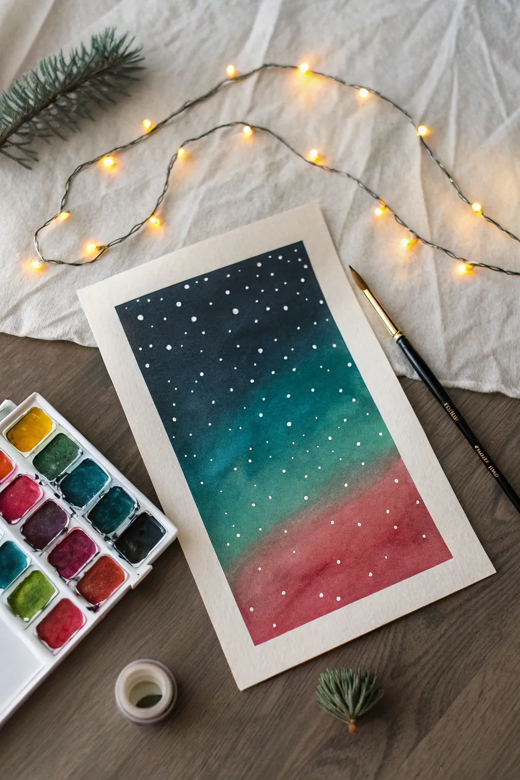 Create glowing dot Christmas lights on a dark page for a simple, cheerful kids holiday painting.
