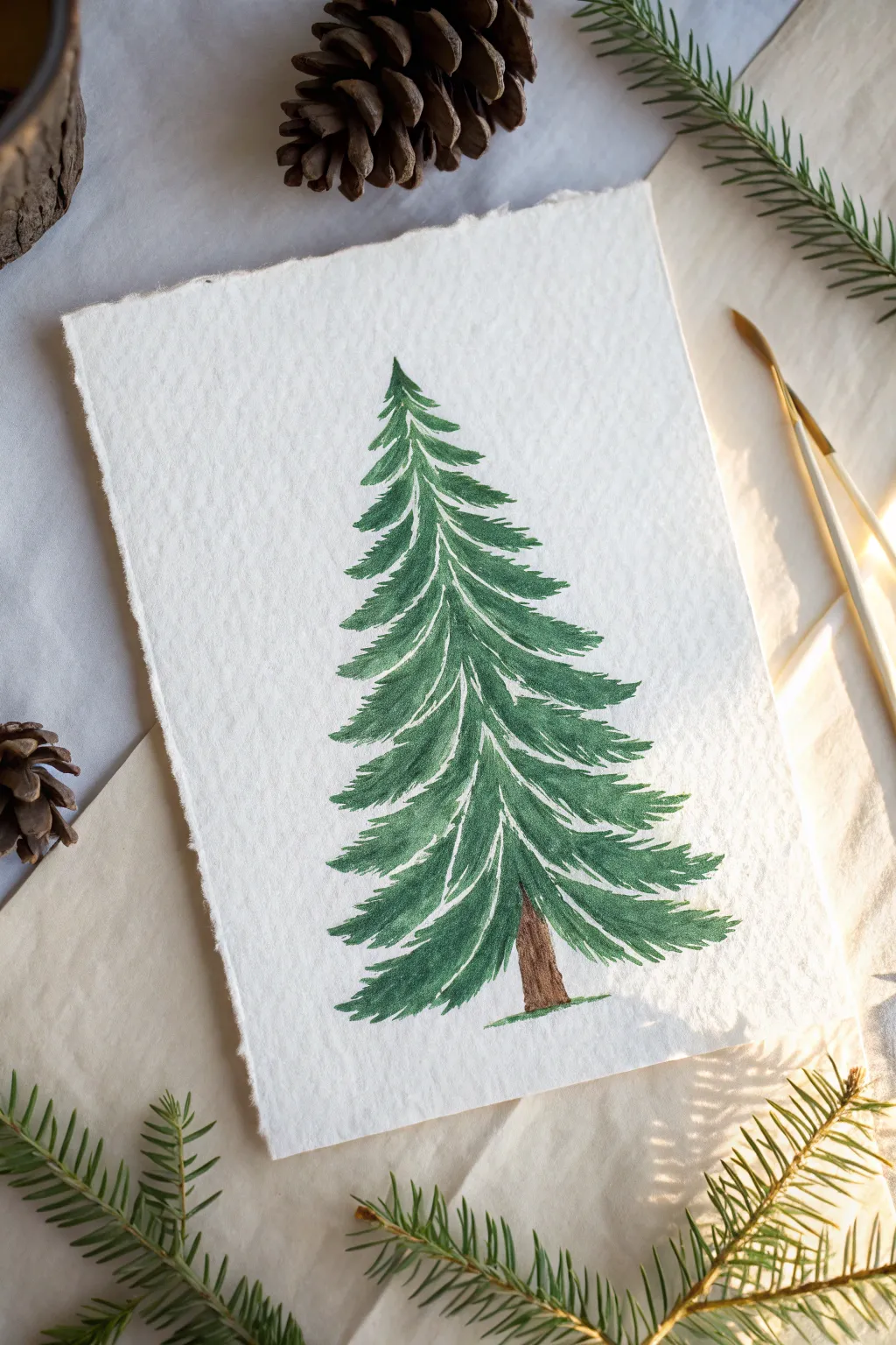 Fork-painted evergreen tree with crisp green texture and a simple trunk, perfect for toddler Christmas art