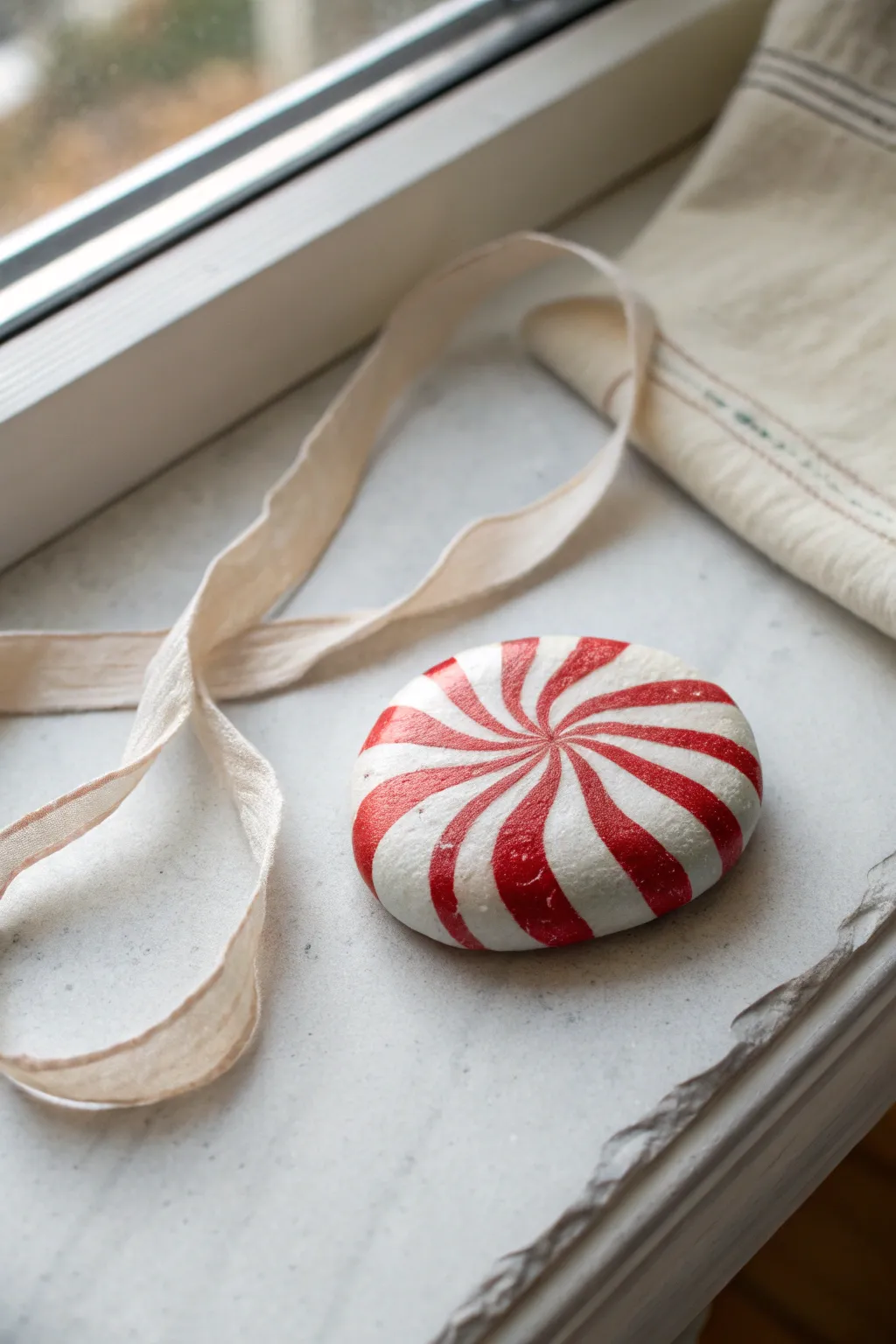 Candy cane stripes with a peppermint swirl accent, a simple festive rock painting for Christmas
