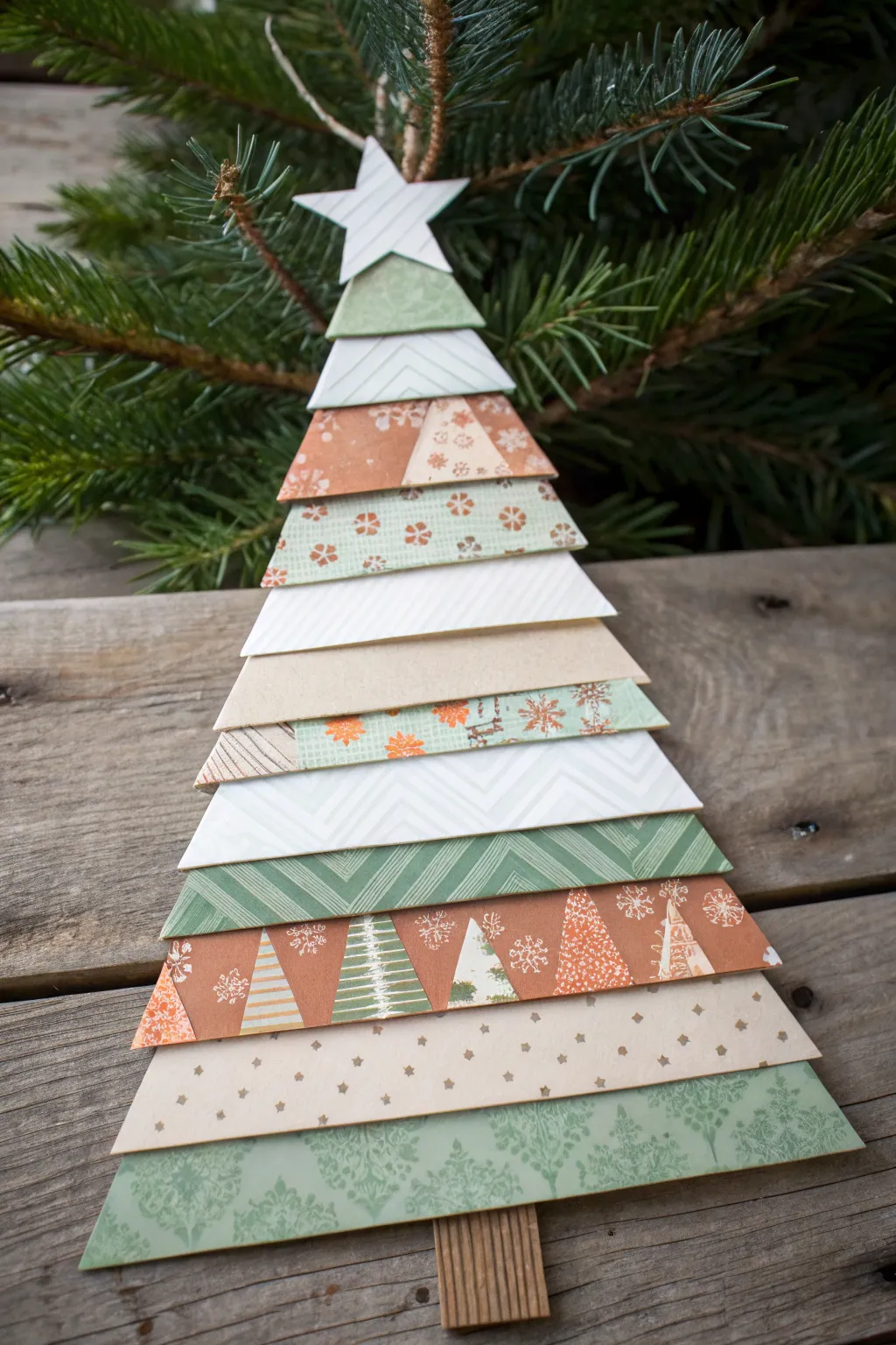 Layered paper strip tree collage with a bold star, minimalist Scandinavian-boho holiday craft.