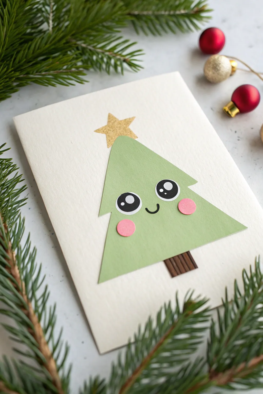 Draw this sweet kawaii Christmas tree: big eyes, rosy cheeks, and minimalist ornaments