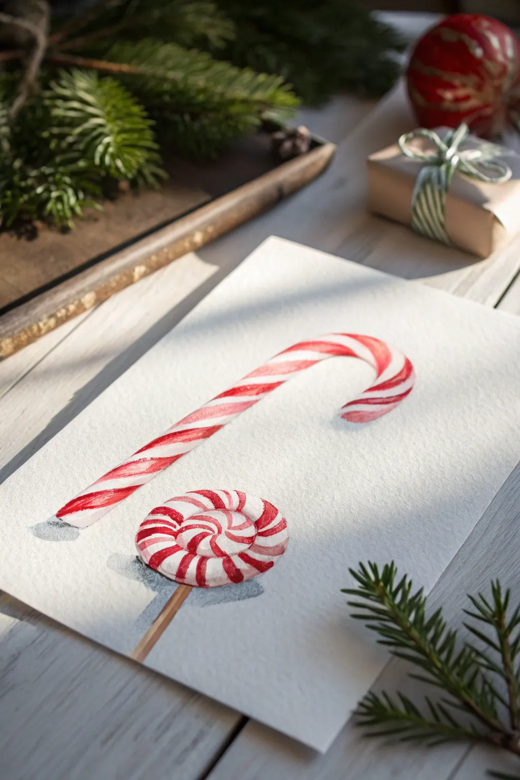 Candy cane stripes with soft peppermint swirls, a clean minimalist watercolor for Christmas charm
